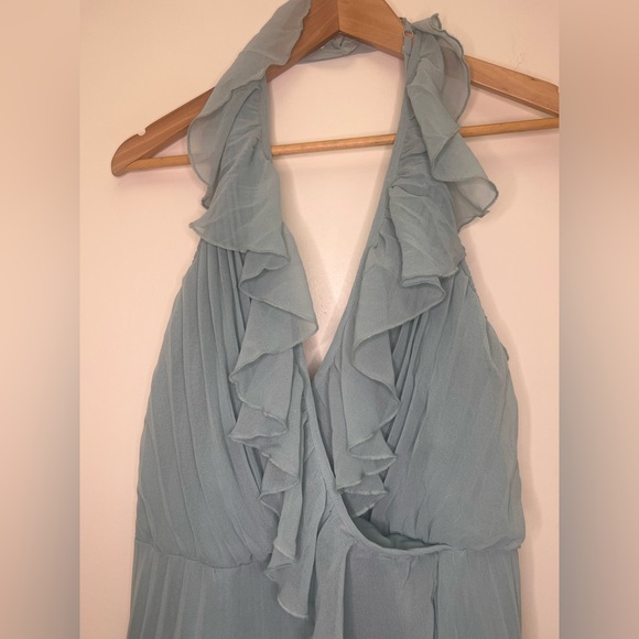 ASOS Design Dusty Blue Pleated Maxi Dress Ruffle Halter Formal Wedding Guest - Picture 3 of 11